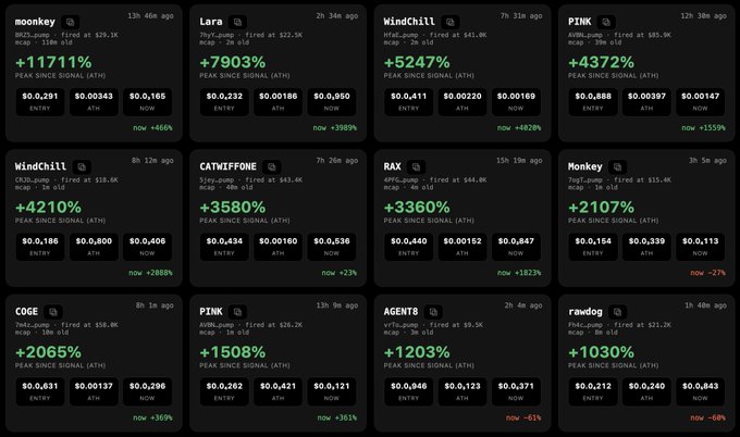 A cryptocurrency trading dashboard displaying various memecoin tokens including monkeey, Lara, Windchill, PINK, CATHIFFONE, RAX, COGE, AGENT8, and rawdog with significant percentage gains shown in green.