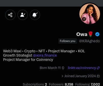 A Twitter/X profile for user @KRaghedo (display name 'Owa 🌹') describing themselves as a 'Web3 Maxi - Crypto - NFT - Project Manager - KOL Growth Strategist @oxora.finance', with a bio link to linktr.ee/coinrency.