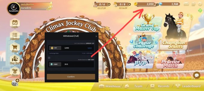 A screenshot of the "Climax Jockey Club" mobile game showing a withdrawal confirmation of 2,050 CK coins being converted to 203.5 ENRY, with a red arrow pointing to the 2,050 currency balance.