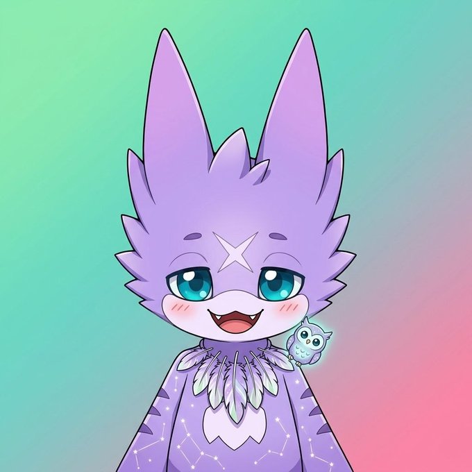 A cute purple anime-style character with large pointed ears, a star on its forehead, and constellation patterns on its outfit, accompanied by a small glowing teal owl companion, set against a green-to-pink gradient background.