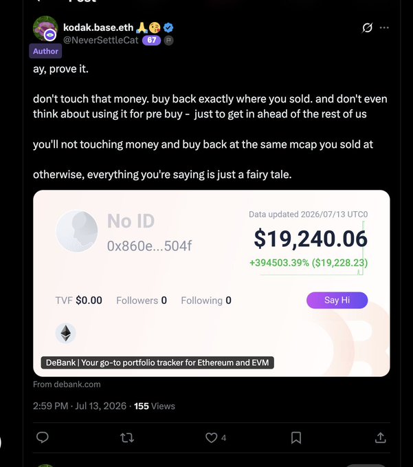 A tweet from kodak.base.eth (@NeverSettleCat) challenges a wallet to prove its loyalty by not touching $19,228.23 in profits (+394503.39%) and buying back at the original market cap, accompanying a post that commends the user for following through on their word.