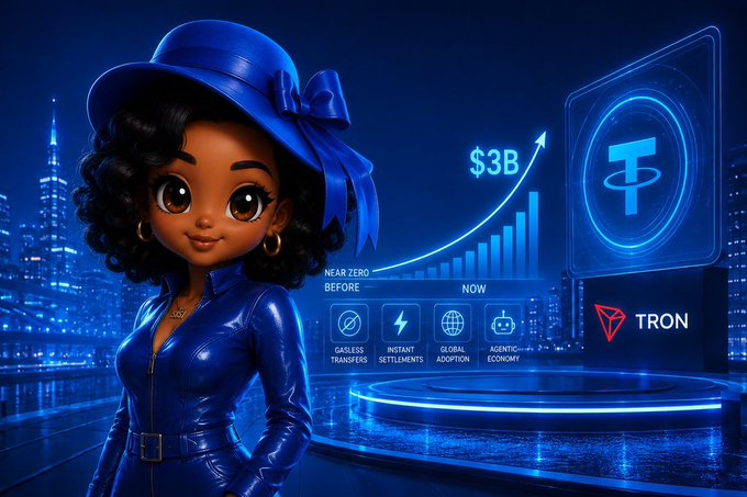 A stylized illustration features a character in a blue outfit and hat standing before a glowing blue TRON (TRX) logo and an upward-trending chart labeled "$3B," with icons highlighting "Gasless Transfers," "Instant Settlements," "Global Adoption," and "Agentic Economy." The image visually reinforces the message by depicting TRON's growth in gasless USDT transfers and its role in reducing transaction costs to drive blockchain adoption.