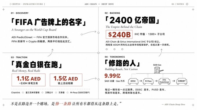 The image is a four-panel deep-dive infographic titled "ADI CHAIN — DEEP DIVE" detailing the crypto project ADI PredictStreet, with sections covering: "A Stranger on the World Cup Board" (its FIFA partnership), "The Empire Behind the Chain" (its $240B IHC backing with 1300+ subsidiaries), "Real Money, Real Rail" (1.1亿 AED single trade and 1.5亿 AED chain flow volume via Chainlink, Mastercard, M-Pesa), and "Building Roads, Not Casinos" (9.99亿 SADI gas token distribution to DDSC, M-Pesa, FIFA prediction partners). It visually complements the post by showcasing the research findings the author uncovered after spotting ADI's name on a World Cup ad, illustrating how a seemingly unknown sponsor connects to a massive financial empire and serious infrastructure.