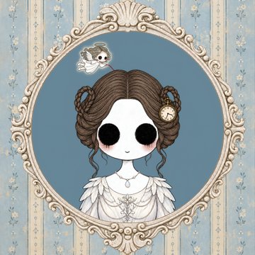 The image shows a stylized portrait of a pale gothic doll-like girl with large black button eyes and dark brown hair styled in braids, framed in an ornate cream oval against a blue striped wallpaper. A small ghost floats near her head, and a pocketwatch hangs in her hair, evoking the darkly whimsical "Hollow Ones" aesthetic referenced in the post about their community and ecosystem.