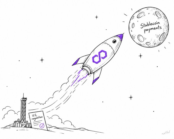 A cartoon illustration showing a rocket labeled with the Polygon logo launching from a 'U.S. regulation' launchpad toward a moon labeled 'Stablecoin Payments'.