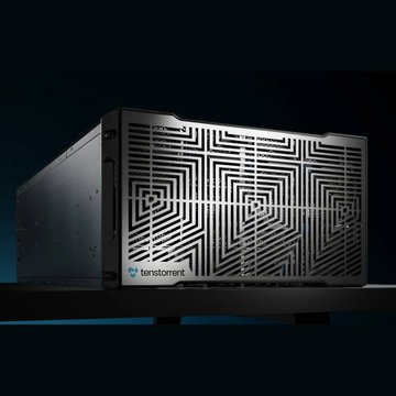 A Tenstorrent AI server with the company's blue logo sits on a dark surface, illustrating Tether's investment in the AI chip startup's $1.5 billion Series E funding round.