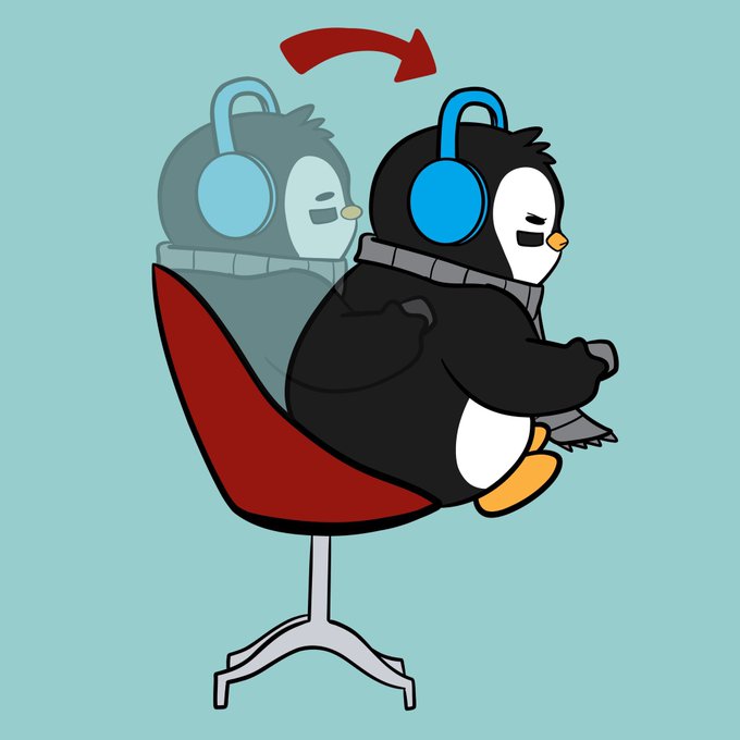 A cartoon illustration of a penguin wearing blue headphones and a gray scarf sitting on a red chair, with a faded reflection/shadow behind it and a red arrow indicating a transformation or comparison.
