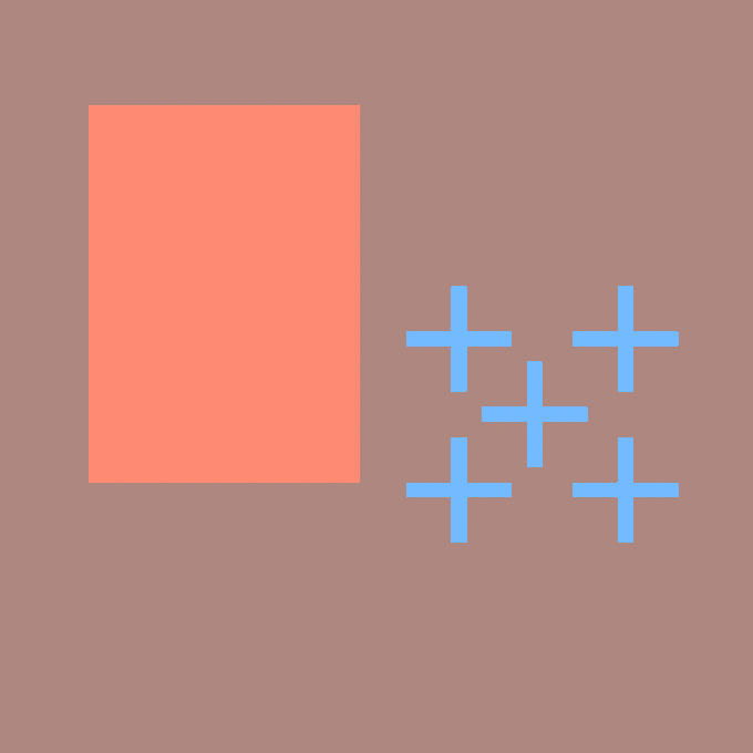 A minimalist graphic design featuring a coral-colored rectangle on the left and five light blue plus signs arranged on the right against a dusty pink background.