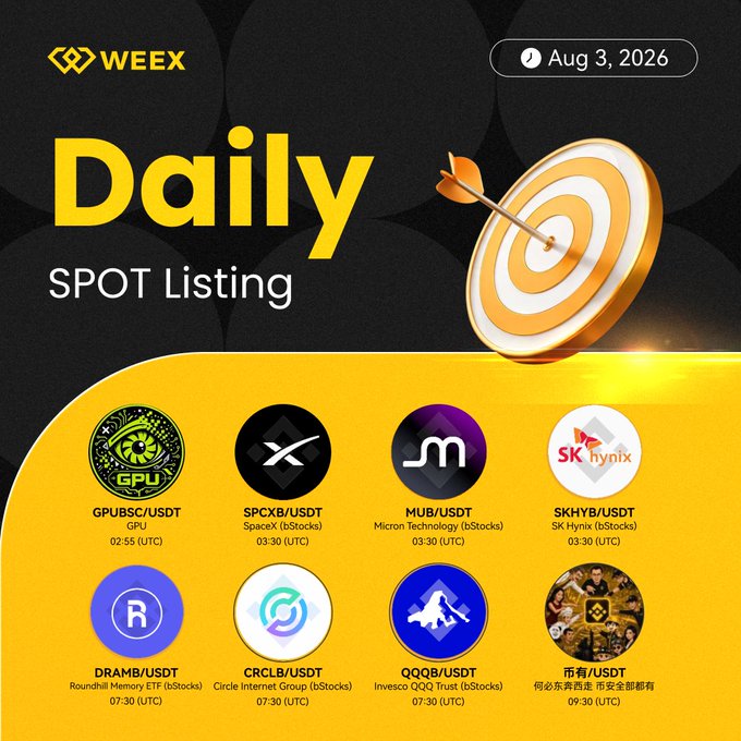 WEEX Daily Spot Listing announcement for August 3, 2026, featuring eight new token trading pairs with their corresponding UTC listing times: GPU/USDT at 02:55, SPCXB/MUB/SKHYB/USDT at 03:30, DRAMB/CRCLB/QQQB/USDT at 07:30, and 币有/USDT at 09:30, including assets like GPU, SpaceX, Micron Technology, SK Hynix, Roundhill Memory ETF, Circle Internet Group, Invesco QQQ Trust, and 币有币奔资跑连.