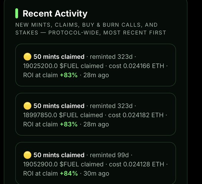 A dark-themed 'Recent Activity' panel showing new mints, claims, buy & burn calls, and stakes, with three entries each displaying '50 mints claimed', 'reminted' times, $FUEL amounts claimed, ETH costs, and ROI at claim percentages of +83% and +84%.