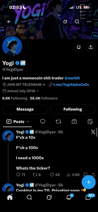 A screenshot of an X (Twitter) profile for 'Yogi' (@YogiDyor) with 28.4K followers, displaying a pinned post stating 'I am just a memecoin shit trader' and recent tweets about trading leverage.