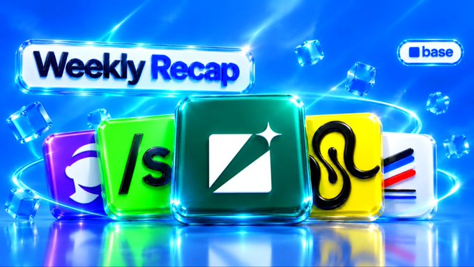 A 3D-rendered banner reading 'Weekly Recap' with the 'base' logo in the top right, featuring colorful translucent cubes displaying logos for Base, Sui, Solana, and other crypto projects against a glowing blue background.