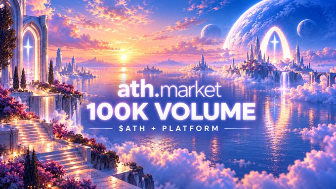 A fantasy landscape promotional banner with the text 'ath.market', '100K VOLUME', and '$ATH + PLATFORM' overlaid on a scene of glowing castles, waterfalls, and planets.