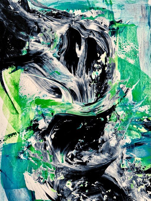 An abstract expressionist painting titled "The Quest" by @designzbychance, featuring bold black brushstrokes swirling dramatically against vibrant green and white backgrounds, now collected on @objktcom.