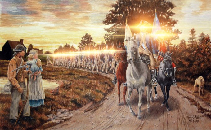 A historical painting depicting a farmer and a woman on a road, watching a regiment of soldiers in white hoods and robes march by on horseback during a sunset.