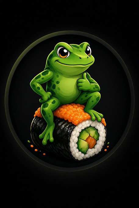 A cheerful cartoon green frog with dark spots sits atop a large sushi roll wrapped in nori, filled with rice, cucumber, and a center of orange roe, all set within an oval frame against a black background—perfectly visualizing the "Sushifrog" $sushifrog token concept.
