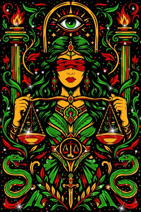 A vibrant illustration of a blindfolded figure with green hair holding balanced scales, featuring an all-seeing eye, serpents, and green and red ornate details.