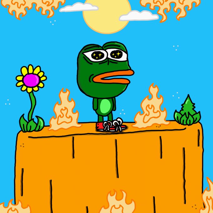 A cartoon drawing of a green frog-like character with starry eyes wearing red shoes, standing on a wooden platform surrounded by flames with a flower and sun in the background.