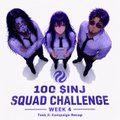 The image is a purple-tinted promotional graphic featuring three people posing together, with the bold text "100 $INJ SQUAD CHALLENGE - Week 4" and "Built & Campaign Group" displayed prominently at the bottom, marking the final week of the Injective token squad challenge that the post is reflecting on.