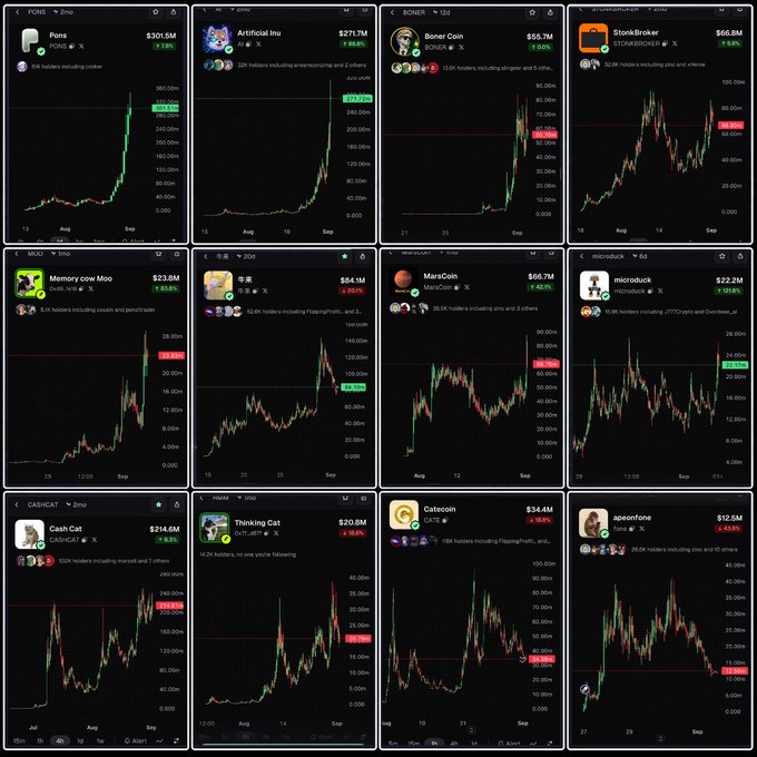 A grid of 12 cryptocurrency price charts displaying various meme coins listed on exchanges like Poloniex, Binance, and Huobi, including Ponzi ($301.5M), Artificial Inu ($271.7M), Boner Coin ($56.7M), StoodKraken ($56.5M), Memory cow Moo ($23.8M), 牛走 ($84.1M), MarsCoin ($66.7M), microbuck ($22.2M), Cash Cat ($214.6M), Thinking Cat ($20.9M), Catecoin ($34.4M), and spoonfone ($12.5M), most showing significant upward price surges with double-digit percentage gains. The image supports the post's message by visually demonstrating substantial profits from holding these lesser-known meme tokens, illustrating the speculative returns that come from "holding good coins."
