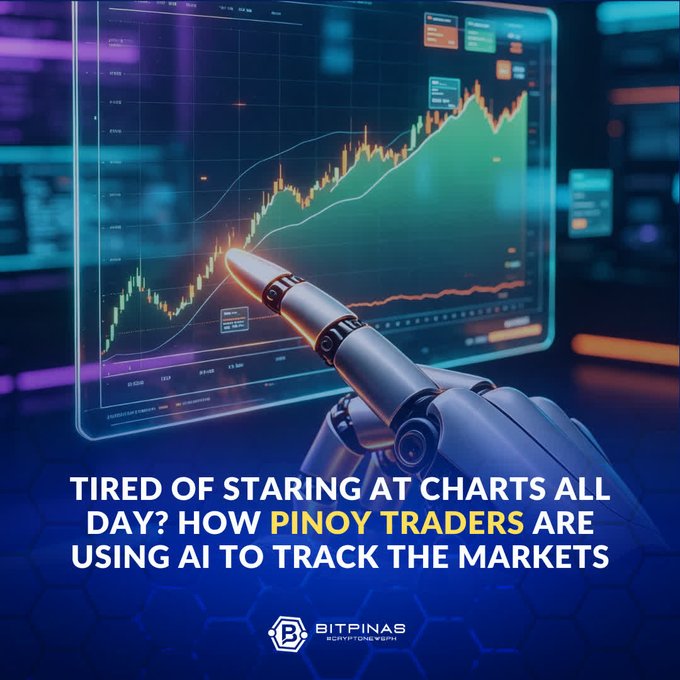 A BitPinas promotional graphic showing a robotic arm pointing at a financial chart, with text reading 'TIRED OF STARING AT CHARTS ALL DAY? HOW PINOY TRADERS ARE USING AI TO TRACK THE MARKETS.'