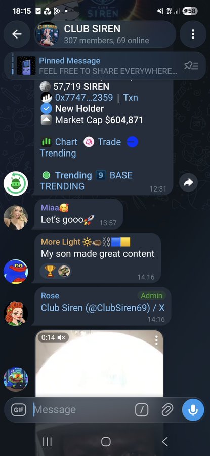 A Telegram chat screenshot for 'CLUB SIREN' (307 members) discussing the SIREN token, showing a message about 57,719 SIREN tokens sent to 'New Holder' with a market cap of $604,871, noted as trending on BASE.