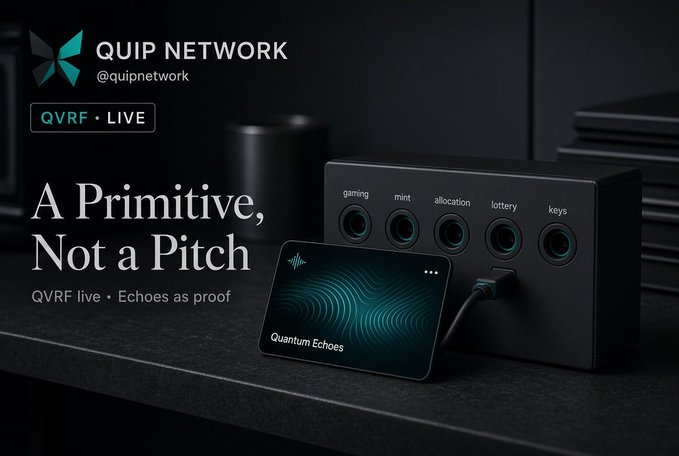Promotional graphic for QUIP NETWORK (@quipnetwork) titled 'A Primitive, Not a Pitch' showcasing a QVRF live device with ports for gaming, mint, allocation, lottery, and keys.