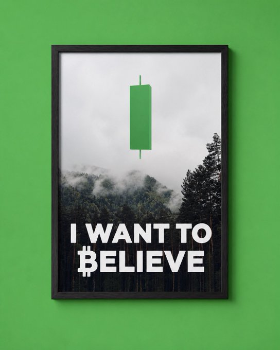 A poster parodying the X-Files 'I Want to Believe' design, featuring a green candlestick chart (a bullish trading symbol) hovering above a misty forest landscape.