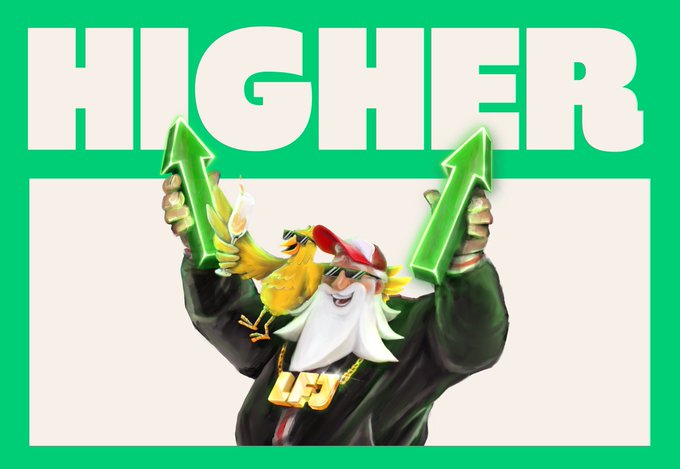 A trading meme shows a wizard-style character holding up two green arrows with the word 'HIGHER' in bold white text on a green background.