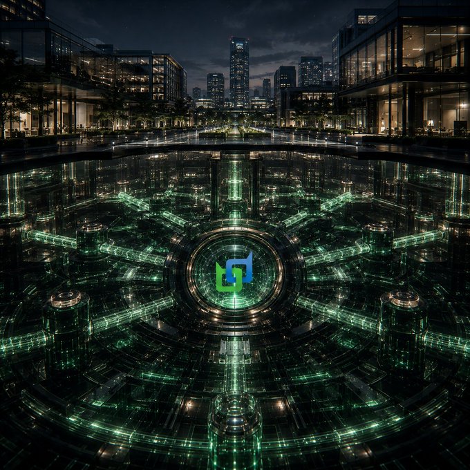 A futuristic nighttime cityscape with a large reflective pool in the foreground, featuring a digital lock icon at the center surrounded by intricate green tech-inspired patterns beneath the surface.