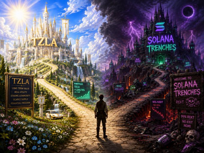 A fantasy illustration depicting a person standing at a crossroads between a bright, golden castle representing 'TZLA' (Tesla, with signs reading 'LONG TERM VALUE,' 'REAL UTILITY,' 'STRONG COMMUNITY,' 'SCARCE SUPPLY,' 'FINANCIAL FREEDOM,' and 'PORTFOLIO +1,245.78%') on the left and a dark, ominous castle labeled 'SOLANA TRENCHES' (with signs reading 'RUG PULLED,' '99% REKT,' 'NO EXIT NGMI,' and a skull) on the right.