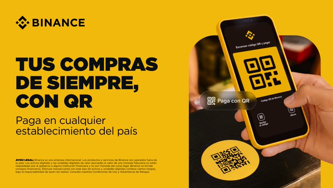 A Binance promotional advertisement with a bold yellow design features a hand holding a smartphone displaying a QR payment screen, alongside the headline "TUS COMPRAS DE SIEMPRE, CON QR - Paga en cualquier establecimiento del país," highlighting Binance's QR code payment feature in Colombia that aligns with the post's nod to everyday QR payments like buying snacks.