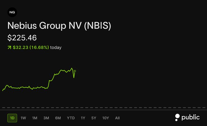 The image shows a Public.com stock chart for Nebius Group NV (NBIS) trading at $225.46, up $32.23 (16.68%) for the day, visually confirming the post's claim that NBIS stock is trading up more than 16%. The 1D chart highlights a sharp upward trend with a notable spike during today's session.
