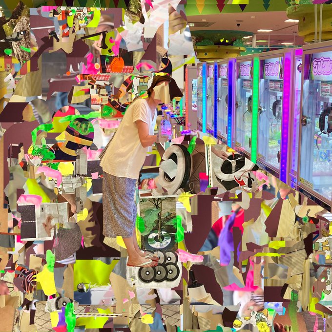 A chaotic, glitch-art collage features fragmented images of people at an arcade with claw machines, overlaid with colorful abstract shapes.