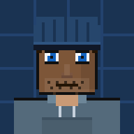 Pixel art Minecraft-style character with blue hat/helmet, brown face, blue eyes, and dark blue clothing against a plain white background.