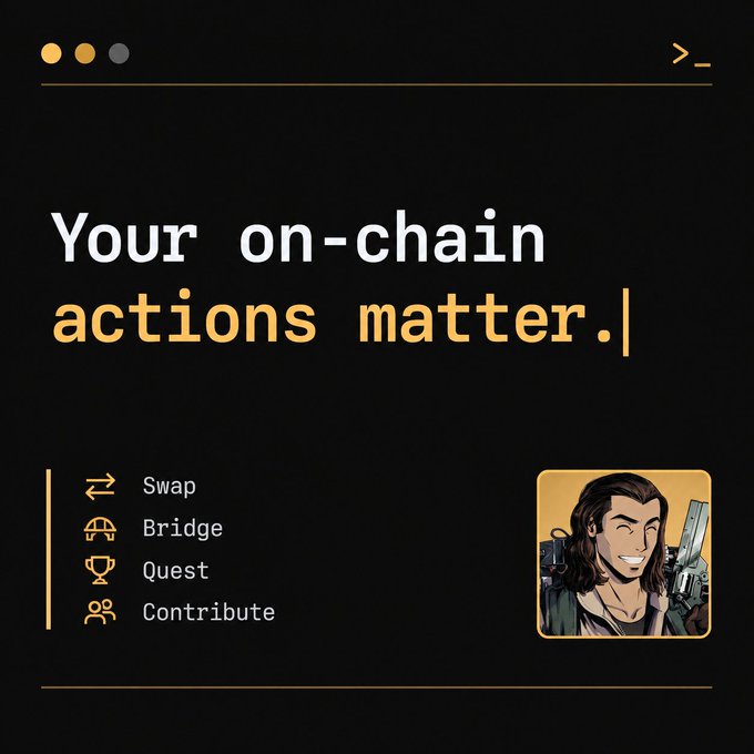A dark-themed promotional graphic with the text 'Your on-chain actions matter.' alongside menu items for 'Swap', 'Bridge', 'Quest', and 'Contribute', featuring an illustration of a character with a headset.