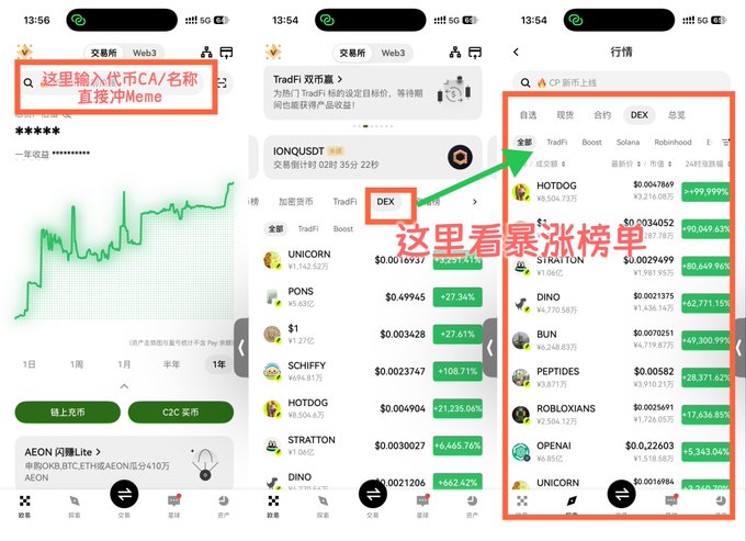Three Chinese-language screenshots of a cryptocurrency exchange app highlight features like search bar, DEX section, and hot trading pairs including HOTDOG (+99.99%) and HOT100 (+90,049.63%).