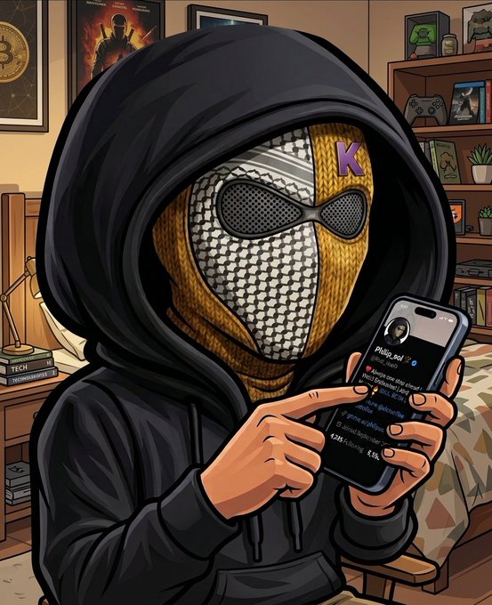 A cartoon-style illustration of a hooded figure wearing a yellow and white knitted mask looking at a smartphone displaying text.