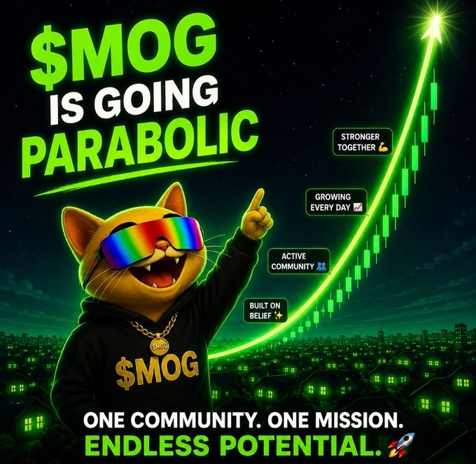 A meme-style crypto promotional image reading '$MOG IS GOING PARABOLIC' and 'ONE COMMUNITY. ONE MISSION. ENDLESS POTENTIAL.' featuring a cat in rainbow sunglasses and a $MOG hoodie pointing at a green rising chart.