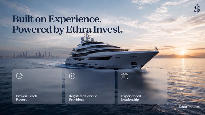 An advertisement reading 'Built on Experience. Powered by Ethra Invest.' featuring a luxury yacht at sunset, with icons for 'Proven Track Record', 'Regulated Service Providers', and 'Experienced Leadership' over the 'Ethra Protocol'.