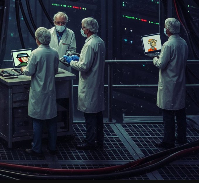 An artistic illustration shows four scientists in white lab coats and hairnets working in a high-tech facility, with two looking at laptops displaying pixel art characters.