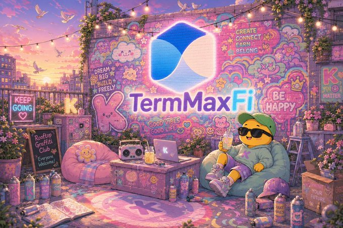 A vibrant, anime-style illustration promoting 'TermMaxFi' on a rooftop graffiti club setting, featuring a yellow character with sunglasses and a green cap relaxing on a beanbag next to a boombox and a laptop.