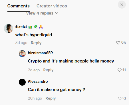 A screenshot of YouTube comments where user Daniel asks "what's hyperliquid," biznizman659 replies "Crypto and it's making people hella money," and Alessandro asks "Can it make me get money?"