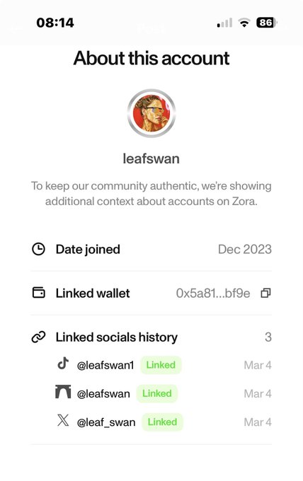 A Zora account info page for "leafswan" shows the account joined December 2023, with a linked wallet (0x5a81...bf9e) and three linked social accounts on TikTok, Farcaster, and X.