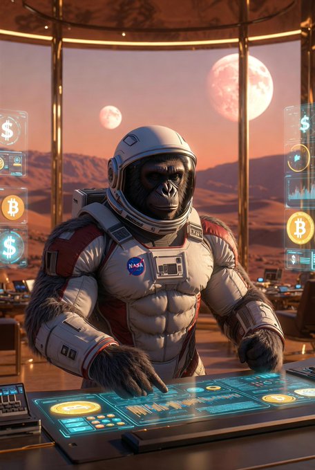 The image features a gorilla wearing a space suit sitting at a desk with a computer monitor, likely playing a video game or working on some type of digital project. The gorilla appears to be interacting with the computer screen using its hands, possibly pressing buttons or navigating through menus. The background shows a desert landscape with mountains in the distance and a window that allows for natural light into the room. The post also includes text elements such as "GM WEB3 Fam Today is another day to stack, grind, and build."