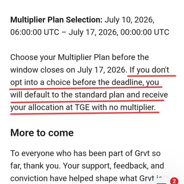 The image shows a "Multiplier Plan Selection" announcement from what appears to be the GRVT platform, with key deadline text (underlined in red) stating "Choose your Multiplier Plan before the window closes on July 17, 2026. If you don't opt into a choice before the deadline, you will default to the standard plan and receive your allocation at TGE with no multiplier." This relates to the post by warning users that failing to register/opt-in before the July 17, 2026 deadline may result in losing their airdrop allocation.