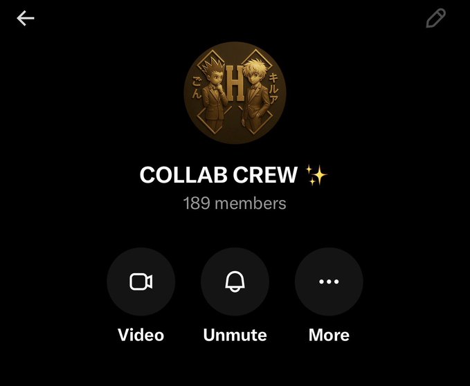 A screenshot of a Discord-style voice call interface titled "COLLAB CREW ✨" with 189 members, featuring a group logo with anime-style characters and Japanese text, along with Video, Unmute, and More buttons. The image relates to the post by showing the creator's own private group chat referenced as their "OG Collab Crew" from 2023.