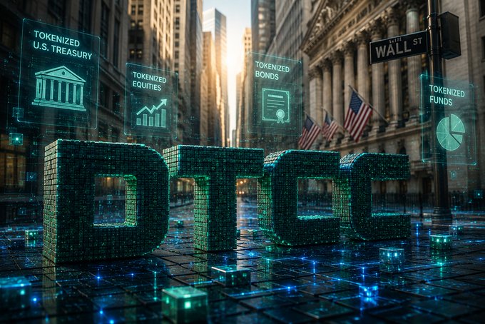 A digital 3D illustration shows large block letters 'DTCC' on a city street with Wall Street signage, surrounded by floating holographic panels labeled 'TOKENIZED U.S. TREASURY', 'TOKENIZED EQUITIES', 'TOKENIZED BONDS', and 'TOKENIZED FUNDS'.