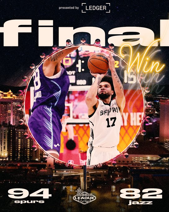 A basketball player in a San Antonio Spurs jersey (#17) shoots over a Utah Jazz defender (#5) in a game graphic showing a "FINAL" score of Spurs 94, Jazz 82, presented by Ledger, accompanying a post celebrating "another Summer Spurs win."