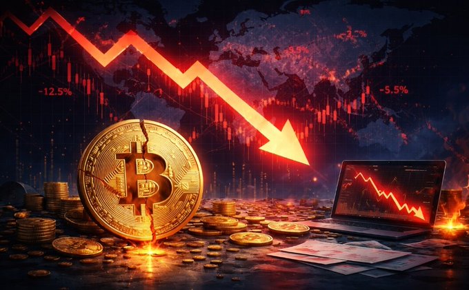 A dramatic graphic depicting a financial market crash, showing a downward red arrow over a cracked golden Bitcoin coin, scattered coins, burning currency, and a laptop displaying a crashing chart, with drops of -12.5% and -5.5%.